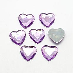 Pourpre Moyen Cabochons en acrylique strass dos plat, facette, argent fond plaqué, cœur, support violet, 25x25x4.5~4.8mm