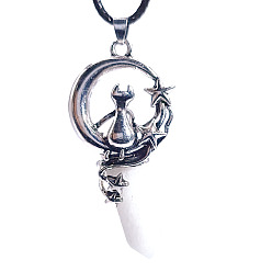 White Jade Natural White Jade Pointed Faceted Bullet Pendants, Moon with Cat Charms, with Platinum Plated Alloy Findings, 50x22.5x17mm