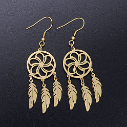 Golden 201 Stainless Steel Chandelier Earrings, Woven Net/Web with Feather, Golden, 70x20mm, Pin: 0.7mm