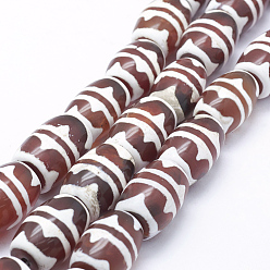 Wave Pattern Natural Agate Tibetan Style Double Tiger dZi Beads Strands, Dyed & Heated, Barrel, FireBrick, 19~24x14~17mm, Hole: 2mm, about 15pcs/strand, 13.6 inch