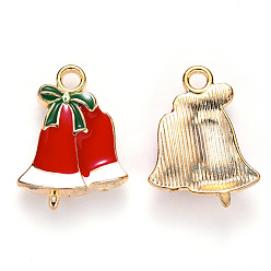 Red Alloy Enamel Pendants, for Christmas, Jingle Bell, Light Gold, Red, 21x16x3mm, Hole: 2mm