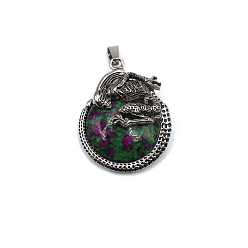 Ruby in Zoisite Natural Ruby in Zoisite Pendants, Flat Round Charms with Skeleton, with Antique Silver Plated Metal Findings, 40x35mm