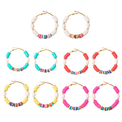 Mixed Color Basketball Wives Style Brass Hoop Earrings, with Handmade Polymer Clay Heishi Beads, Natural Cultured Freshwater Pearl Beads and Plastic Earring Backs, Mixed Color, 51x49~49.5mm, Pin: 0.8mm, 5 colors, 1pair/color, 5pairs/set