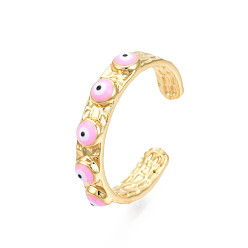 Pink Real 18K Gold Plated Brass Open Cuff Ring with Enamel Evil Eye for Women, Nickel Free, Pink, US Size 8(18.1mm)