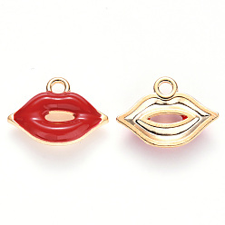 Roja Colgantes de la aleación del esmalte, colgantes de maquillaje, forma de labio, la luz de oro, rojo, 13x18x3 mm, agujero: 2 mm
