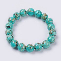 Dark Turquoise Natural Sea Shell and Synthetic Turquoise Assembled Beaded Stretch Bracelet, Round, Dark Turquoise, Beads: 6mm, 2 inch(5cm)