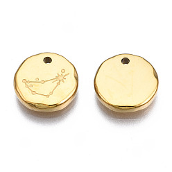 Capricorn 316 Surgical Stainless Steel Charms, Flat Round with Constellation, Real 14K Gold Plated, Capricorn, 10x2mm, Hole: 1mm