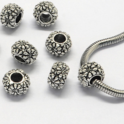 Antique Silver Alloy European Beads, Large Hole Beads, Rondelle, Antique Silver, 11x7mm, Hole: 5mm