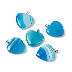 Natural Agate Natural Agate Pendants, with Platinum Tone Brass Findings, Heart Charm, Dyed & Heated, Deep Sky Blue, 27~28x25x7mm, Hole: 7x4mm