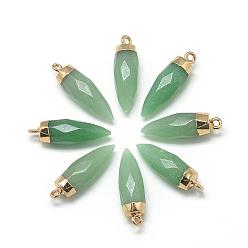 Green Aventurine Natural Green Aventurine Pointed Pendants, with Brass Findings, Faceted, Bullet, Golden, 25~27x8mm, Hole: 2mm
