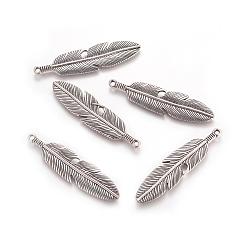 Antique Silver Tibetan Style Alloy Feather Big Pendants, Lead Free & Cadmium Free, Antique Silver, 61x15x3mm, Hole: 2mm
