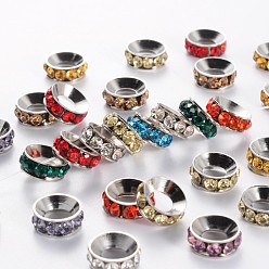 Mixed Color Brass Rhinestone Spacer Beads, Rondelle, Mixed, Nickel Color, about 10mm in diameter, 4mm thick, hole: 5mm