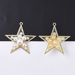 Clear Epoxy Resin Pendants, with ABS Plastic Imitation Pearl and Light Gold Plated Brass Open Back Bezel, Star, Clear, 40x38.5x8mm, Hole: 2mm