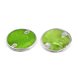 Lime Green Spray Painted Natural Freshwater Shell Connector Charms, Sliver Plated Edg, Flat Round, Lime Green, 25x2~3mm, Hole: 1.8mm