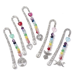 Mixed Shapes Flower Pattern Alloy Hook Bookmarks, Round & Heart Glass Beaded Bookmark with Heart/Angel/Moon Charm, Mixed Shapes, 124mm, Pendant: 90~104x16.5~29.5x8.5mm