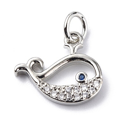 Platinum Brass Micro Pave Cubic Zirconia Charms, with Jump Ring, Whale Charms, Platinum, 11.5x13.5x1.8mm, Hole: 3.2mm