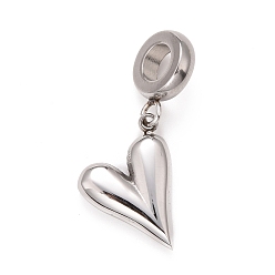 Stainless Steel Color 304 Stainless Steel European Dangle Charms, Large Hole Pendants, Heart, Stainless Steel Color, 27mm, Hole: 5mm, Heart: 16x12.5x3.5mm