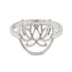 Stainless Steel Color 304 Stainless Steel Hollow Lotus Adjustable Ring for Women, Stainless Steel Color, US Size 6(16.5mm)