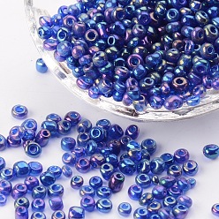 Blue 8/0 Round Glass Seed Beads, Transparent Colours Rainbow, Round Hole, Blue, 8/0, 3mm, Hole: 1mm, about 10000pcs/pound