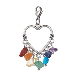 Heart Tibetan Style Alloy Pendant Decorations, 7 Chakra Gemstone Chips and Lobster Claw Clasps Charm, Heart, 53.5mm