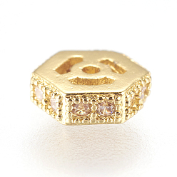 Real 18K Gold Plated Brass Micro Pave Cubic Zirconia Beads, Hexagon, Real 18K Gold Plated, 5.5x5.5x2mm, Hole: 1mm