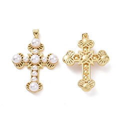 Chapado en Oro Real 18K Colgantes de perlas de imitación de plástico, con fornituras de latón, cruz encanto, real 18 k chapado en oro, 40.5x30x7 mm, agujero: 3.5x5 mm