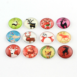 Mixed Color Half Round/Dome Christmas Reindeer/Stag Pattern Glass Flatback Cabochons for DIY Projects, Mixed Color, 12x4mm