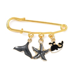 Noir Broches en alliage émail pendentif thème marin, épingles de kilt en fer doré pour femme, étoile de mer, coquille et queue de poisson, noir, 39x50x5.5mm