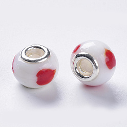 Red Handmade Lampwork European Beads, Large Hole Beads, with Silver Color Plated Brass Double Cores, Rondelle, Red, 14x11mm, Hole: 5mm