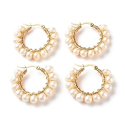 Golden 304 Stainless Steel Hoop Earrings, with Natural Pearls, Ring, White, Golden, 34.5x36x7mm, Pin: 0.7x1mm