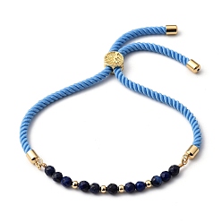 Lapis Lazuli Adjustable Slider Bracelets, Nylon Cord Bracelets, with Natural Lapis Lazuli(Dyed) Beads and Brass Beads, Golden, Inner Diameter: 3/4 inch~3-3/4 inch(2~9.5cm)