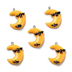 Gold Halloween Opaque Resin Pendants, with Platinum Tone Iron Loops, Moon with Black Bats, Gold, 30.5x22x7mm, Hole: 2mm
