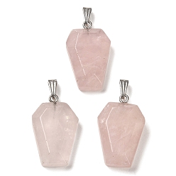 Rose Quartz Natural Rose Quartz Pendants, Faceted Hexagon Charms with Rack Plating Stainless Steel Color Plated 201 Stainless Steel Snap on Bails, Cadmium Free & Lead Free, 28.5~31x18~20x7~8mm, Hole: 3x8mm