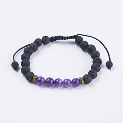 Amethyst Adjustable Nylon Cord Braided Bead Bracelets, with Lava Rock, Amethyst Beads & Alloy Findings, 2-1/8 inch(54mm)
