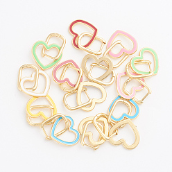 Mixed Color Golden Plated Brass Huggie Hoop Earrings, with Enamel, Heart, Mixed Color, 27.5mm, Pin: 1mm