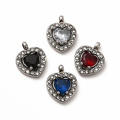 Mixed Color 304 Stainless Steel Cubic Zirconia Pendants, with Rhinestone, Heart Charms, Mixed Color, 12.5x10x3.5mm, Hole: 1.8mm