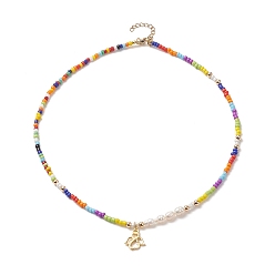 Coloré Colliers de perles de culture d'eau douce naturelles et de graines de verre, colliers pendentif ange en laiton pour femmes, colorées, 17.64 pouce (44.8 cm)