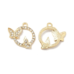 Light Gold Alloy Crystal Rhinestone Pendants, Ring Charms with Double Butterflys, Nickel, Light Gold, 18.5x19x2mm, Hole: 1.8mm