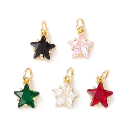 Mixed Color Rack Plating Brass Micro Pave Cubic Zirconia Charms, with Jump Rings, Long-Lasting Plated, Cadmium Free & Lead Free, Star, Real 18K Gold Plated, Mixed Color, 10.5x8.5x6mm, Hole: 3.2mm