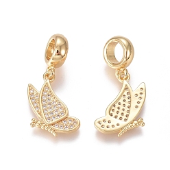 Golden Brass Micro Pave Clear Cubic Zirconia European Dangle Charms, Large Hole Pendants, Butterfly, Golden, 25mm, Hole: 5mm, Butterfly: 17x12x2mm