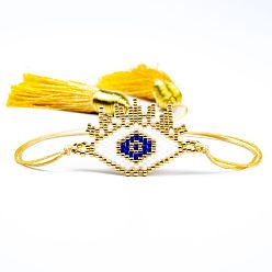 Bleu Bracelet en perles de verre tressées avec double pompon, bracelet chanceux de protection des yeux maléfiques pour les femmes, bleu, 11 pouce (28 cm)