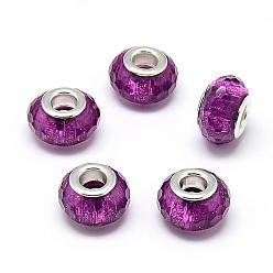 Dark Orchid Resin European Beads, Large Hole Beads, with Silver Color Plated Brass Cores, Faceted, Rondelle, Large Hole Beads, Dark Orchid, 13.5~14.5x9mm, Hole: 5mm