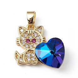 Royal Blue Real 18K Gold Plated Rack Plating Brass Micro Pave Cubic Zirconia Pendants, with Glass, Long-Lasting Plated, Cadmium Free & Lead Free, Cat with Heart, Royal Blue, 21x19.5x7.5mm, Hole: 3.5x5mm