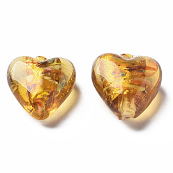 Gold Handmade Lampwork Silver Foil Glass Beads, Heart, Gold, 15~16x15.5x9~10mm, Hole: 1.2mm