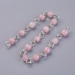 Rose Quartz Handmade Natural Rose Quartz Beads Chains, Unwelded, with Iron Eye Pin, Round, Faceted, Platinum, 12~12.5x4~4.5mm, about 39.37 inch(1m)/strand