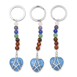 Synthetic Turquoise Dyed Synthetic Turquoise Heart Keychain, with Chakra Gemstone Bead and Platinum Tone Rack Plating Brass Findings, 10.5cm