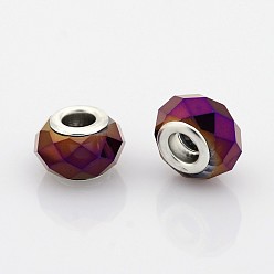 С Фиолетовым Покрытием Граненый стеклянные европейские шарики, бусины с большими отверстиями в форме шайбы, с латунными сердечниками с серебряным покрытием, полный фиолетовым покрытием, 14x9 мм, отверстие : 5 мм