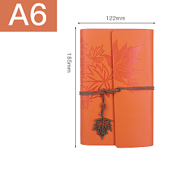 Coral PU Leather Cover 6 Ring Binder Notebooks, Travel Journal, with String, Maple Leaf Pendants & Wood-free Paper, Rectangle, Coral, 185x122mm, A6, about 160 pages/book