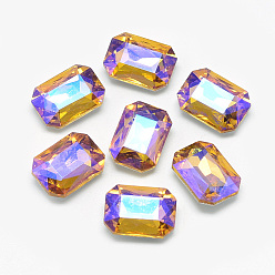 Gold Pointed Back Glass Rhinestone Cabochons, Back Plated, Faceted, AB Color Plated, Rectangle Octagon, Gold, 14x10x4.5mm
