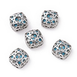 Turquoise Eco-friendly Brass Cubic Zirconia Multi-Strand Links, Cadmium Free & Lead Free, Square, Platinum, Turquoise, 10x10x5.7mm, Hole: 1.2mm